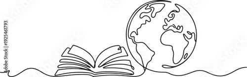 Continuous line design of books and the world. Single line decorative element drawn. one line Icon drawing