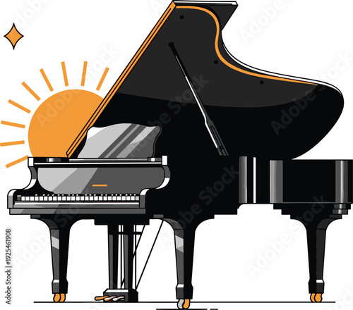 Luxury black grand piano vector illustration with stylized orange sunburst background for music and classical performance concepts