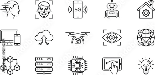 “Technology innovation line icon set with AI, 5G, robotics, cloud computing, facial recognition, smart home and global network symbols”