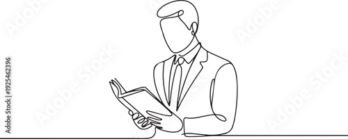 Simple continuous line design of a man holding a book. Businessman reading data. The doctor opens a book. one line Icon drawing