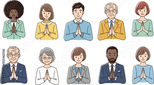 Diverse character avatar set featuring men and women of various ages with hands in prayer or namaste gesture
