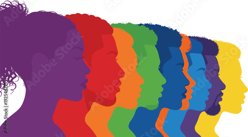 Colorful diverse people profile silhouettes, overlapping human head shapes, multicultural community concept, vibrant social inclusion illustration, modern graphic unity design, vector population icons