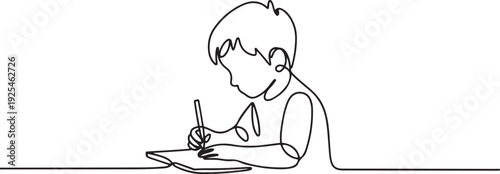 One continuous line of boy sitting while writing in a book. Minimalist style. one line Icon drawing