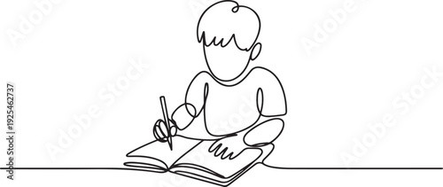 One continuous line of boy sitting while writing in a book. Minimalist style. one line Icon drawing