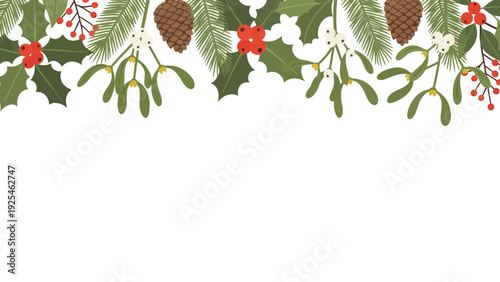 Winter Holiday Greenery Border with Holly Pine Cones.