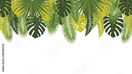 Vibrant tropical palm leaves framing white space.