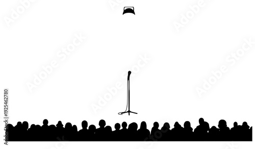 silhouettes of cityVertical Stand Up Comedy Night Poster with Microphone Spotlight and Audience Vector