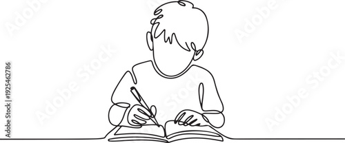 One continuous line of boy sitting while writing in a book. Minimalist style. one line Icon drawing