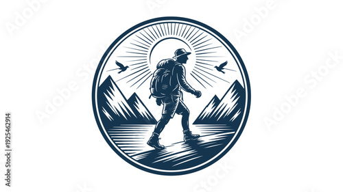 Mystical hand-drawn bigfoot silhouette in nature circle seal