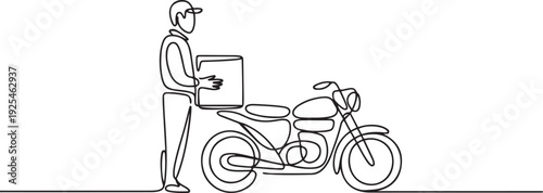 Delivery courier service one continuous line design. A man holding package next to motorbike. one line Icon drawing
