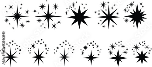Black starburst and sparkle silhouettes collection, twinkling stars and magical light symbols, celestial decorative design elements isolated on white background