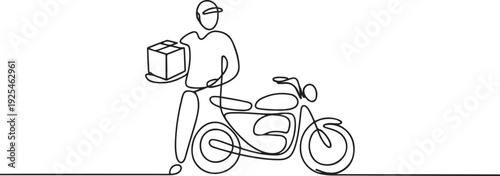 Delivery courier service one continuous line design. A man holding package next to motorbike. one line Icon drawing