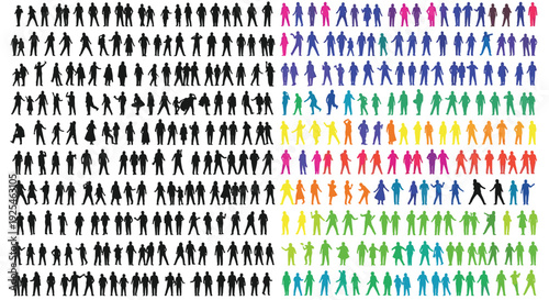 Large collection of black silhouettes and colorful figures in dynamic poses, mega set of people icons for diversity and community, 2026.