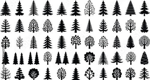 Black tree icons silhouettes collection, pine and deciduous forest symbols, nature infographic design elements isolated on white background