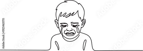 One continuous line a little boy crying. Minimalist style. one line Icon drawing