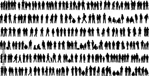 Large group of diverse people silhouettes in grid pattern, minimalist human figures standing, walking, sitting, social crowd community background, black and white,
