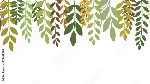 Hanging Cascading Green Leaves Border Illustration.