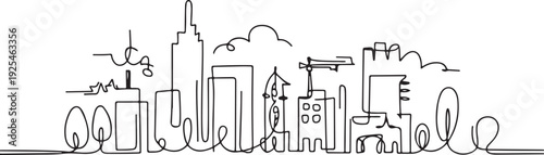 Cityscape line design. Beautiful green city view. Decorative elements drawn one continuous line. Vector illustration of minimalist style. one line Icon drawing