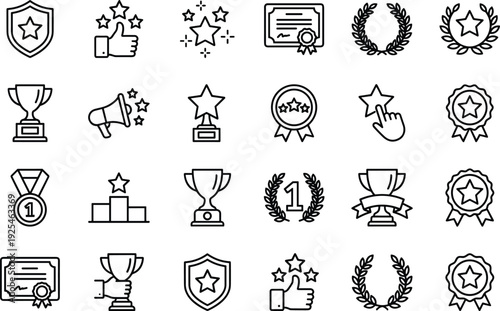 Award achievement and trophy recognition line icon set featuring medals, certificates, badges, laurels, rating symbols, celebration elements, cad drawing flat vector illustration