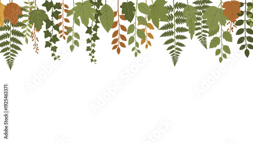 Hanging fern fronds with autumn colored leaves.