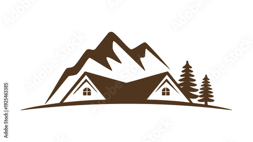 Minimalist mountain cabin retreat with snowy peaks and pine trees