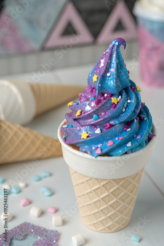 Vertical photo of neon ice cream in a cone cup with colorful sprinkles: yellow star-shaped and pink heart-shaped cereal toppings. Vibrant, playful, and eye-catching.
