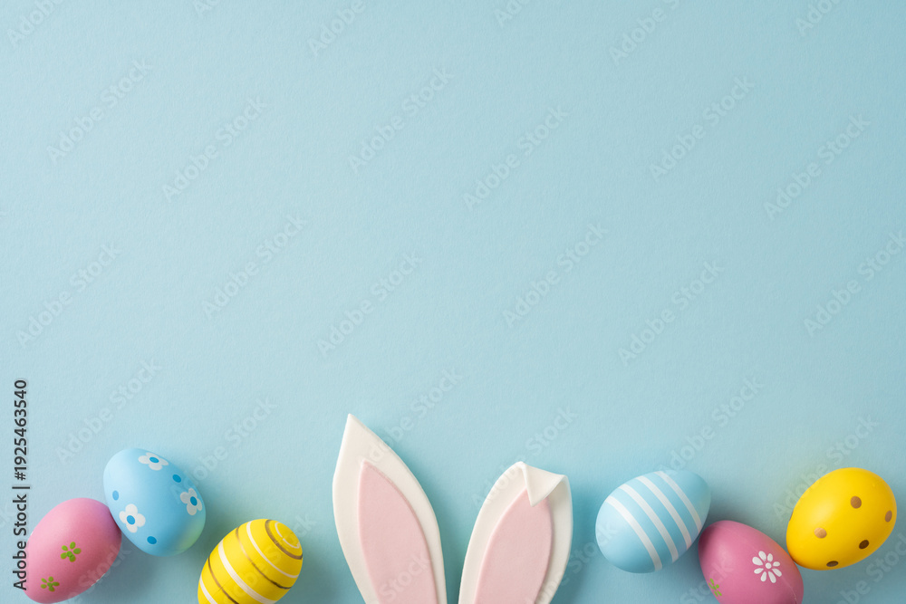Fototapeta premium Happy Easter greeting scene with pastel painted eggs and bunny ears arranged on a soft blue background conveying spring joy and festive decoration