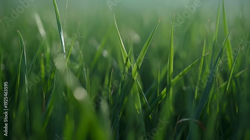 Close-Up Macro Shot of Lush Green Grass Blades Swaying Gently in Sunlight
