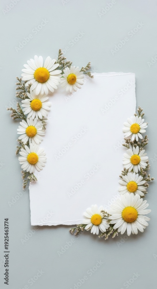 Obraz premium A white paper is surrounded by a beautiful arrangement of daisies.