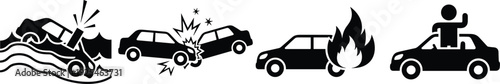 Car accident and emergency icon set showing crash collision, vehicle fire, flood damage, roadside breakdown assistance, automotive safety symbols collection, transportation hazard pictograms