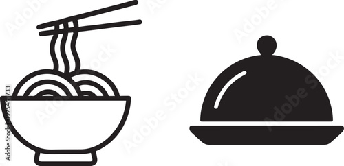 Food and Dining Icon Set, Noodle Bowl with Chopsticks and Restaurant Cloche Silhouette, Culinary and Delivery Concept
