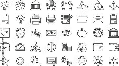 Business and Office Management Line Icon Set with Finance, Banking, Documents, Analytics, and Strategy Symbols