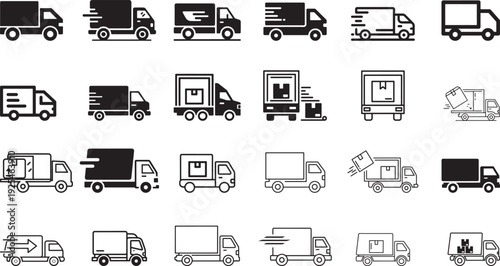 Delivery truck icon set in line and solid style