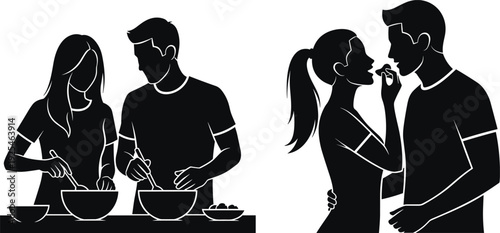 Couple cooking together silhouette vector illustration, romantic kitchen scene, love and relationship concept, black design isolated on white