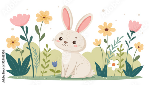 Rabbit sitting among colorful flowers in a vibrant garden illustration, spring, greeting card
