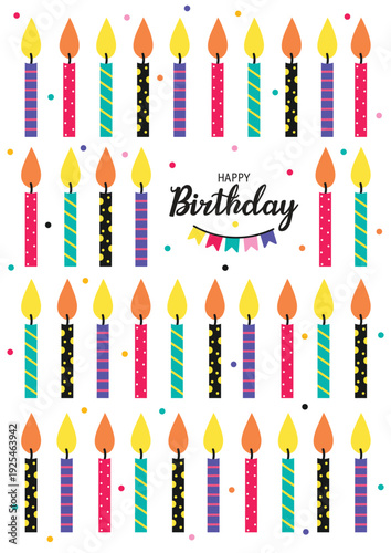 Birthday cake candles. Small wax sticks with burning wick isolated on white background. Cute greeting card. Poster.
