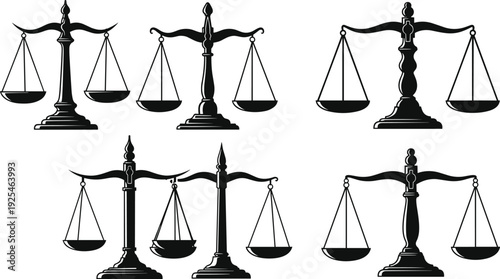Justice scales silhouette set, law firm legal icons, courtroom equality balance vector, judge attorney equipment, professional judicial system, black whit