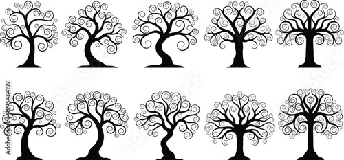 Decorative swirl tree silhouettes collection, fantasy ornamental trees with curly branches, artistic nature design elements isolated on white background