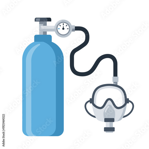 Oxygen tank with mask and pressure gauge, medical equipment for breathing support