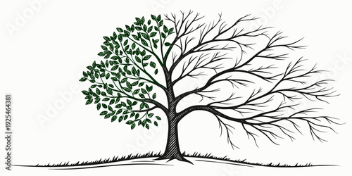 A solitary tree standing tall on a grassy landscape under simple line art style