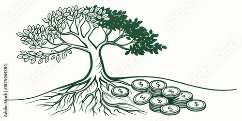 Ancient tree with extensive root system depicted in a minimalist illustration style