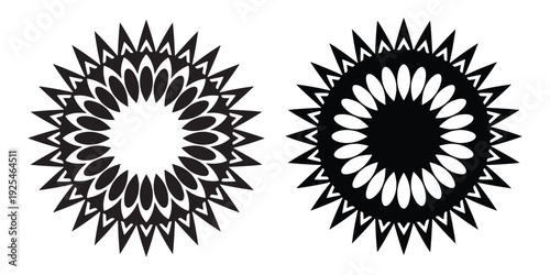 Black and white mandala designs with spiky petals and floral patterns