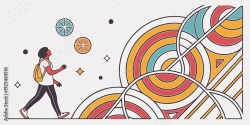 Dynamic runner surrounded by vibrant, floating digital spheres and abstract patterns