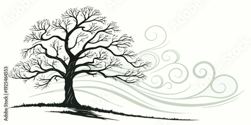 A solitary tree standing gracefully with gentle swirling lines around its branches