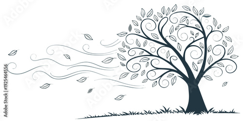 Whimsical tree with dancing birds and floating leaves in a serene landscape