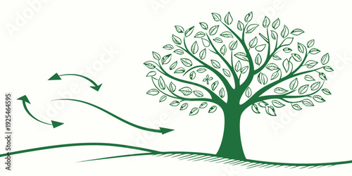 A tree with arrows indicating growth and natural processes in a green landscape