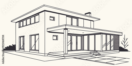 Modern two-story house with large windows and a spacious porch area