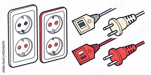 Various electrical adapters and wall sockets for international plug compatibility.