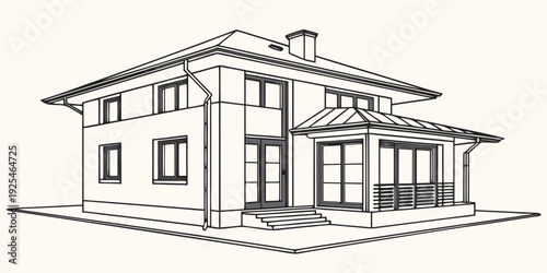 Modern two-story house with a covered front porch and attic window.