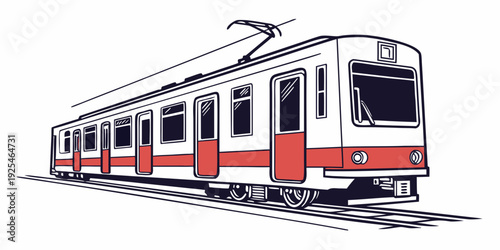 Classic red and white passenger tram traveling on urban railway tracks